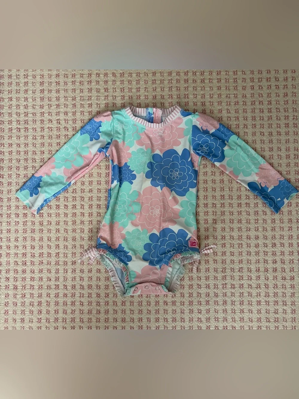 Ruffle Butts Floral Long-Sleeve Rashguard One-Piece - Pink, Blue & Mint